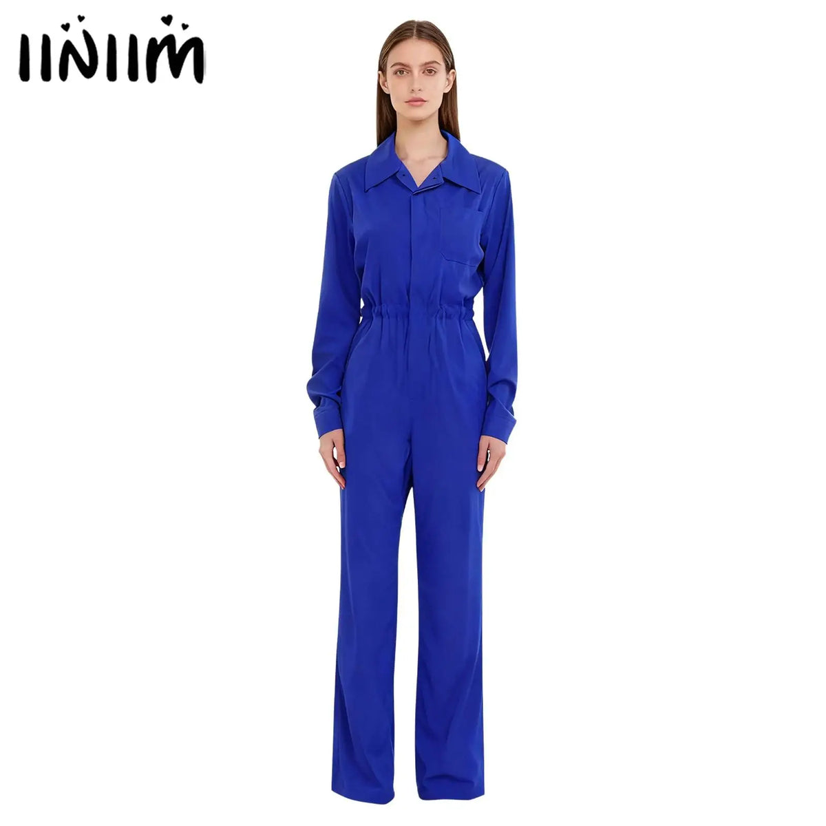 Womens Button Work Coverall Rompers Casual Solid Color Turn-Down Collar Button Flap Long Sleeve Mechanic Work Overalls Jumpsuit