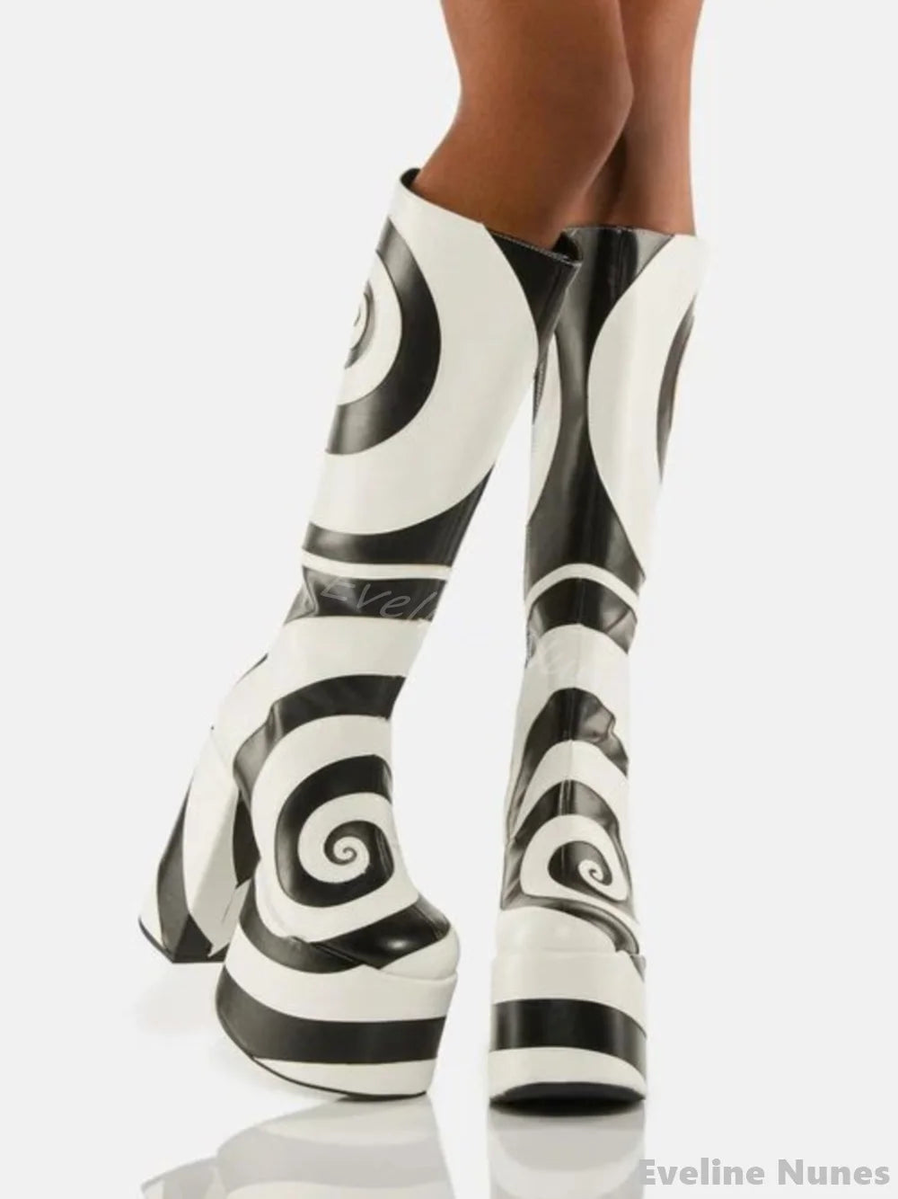Black White Turbine Pattern Platform Boots Women Round Toe Chunky Heel Side Zipper Knee High Boots 2025 New Design Stretch Boots