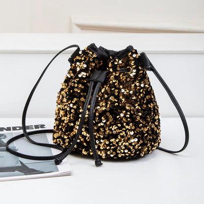 New Chic Multicolor Sequin Shing Shoulder Bag Fashion Versatile Handbag Drawstring Bucket Bag Large Capacity Wallet Purse Bags