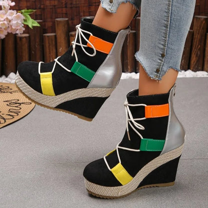 Women's Ankle Boots Wedge Heel Round Toe Platform Shoes Suede-Look Lace-Up Back Zipper Woven Trim Casual Street Style Footwear