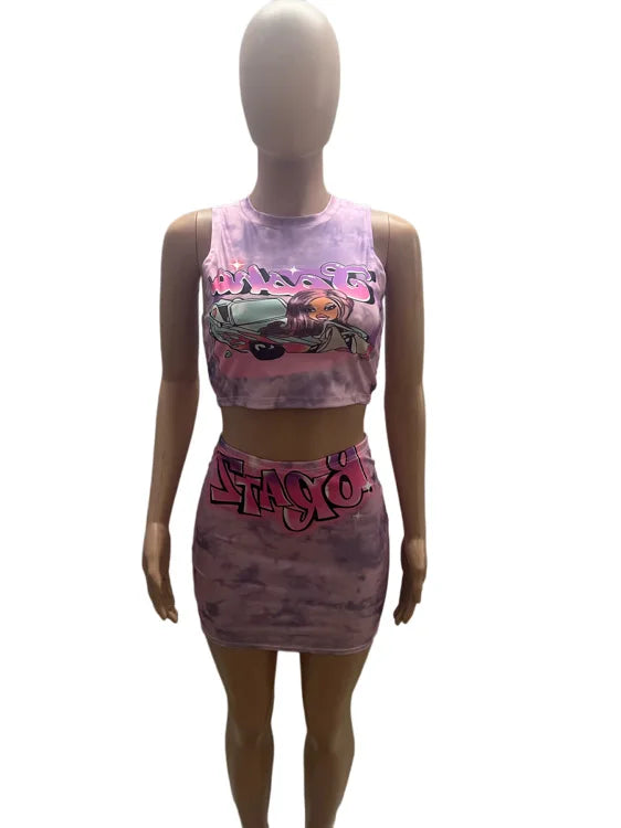 Sexy Y2K 2 Piece Skirt Sets Clothes Outfit 2023 Streetwear Fashion Dress Summer Crop Graphic T Shirts Top Women Two Piece Set