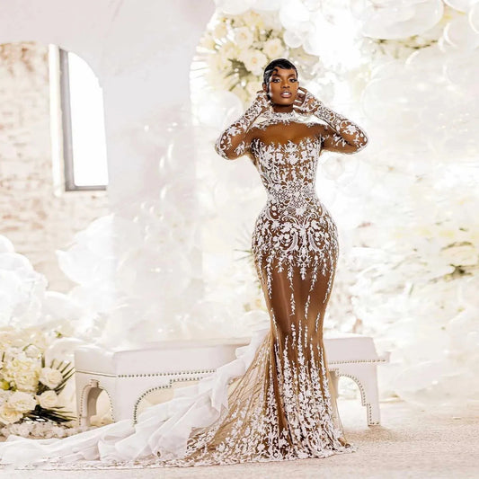 Lace African Wedding Dresses Black Girls Mermaid Long Sleeves Tulle Aso Ebi Women Muslim Bridal Gowns Saudi Arabia Customized