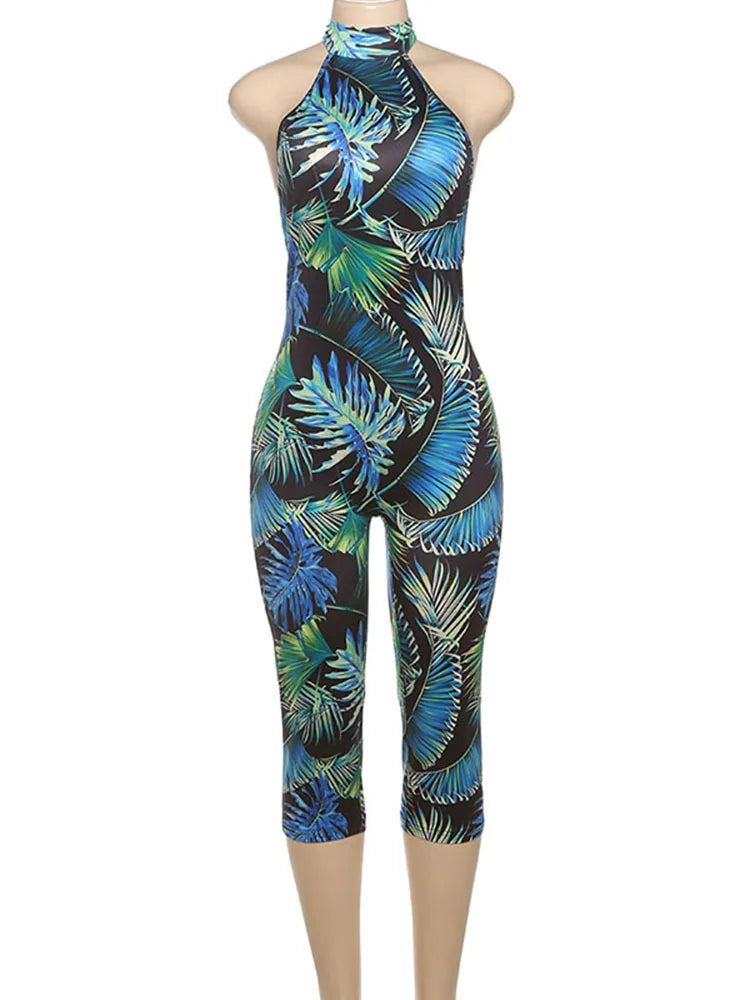 Kliou Colorful Print Playsuits Woman Bandage Halter Backless Skinny Peach Hip Female Midnight Club Party Sexy Fashion Rompers