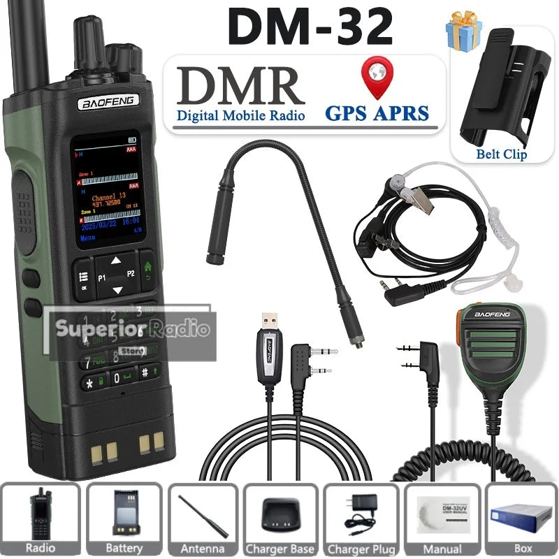 BAOFENG DM-32 Walkie Talkie with Belt Clip Hoster DMR Digital Radio GPS APRS Dual Mode Analog 999 Channel Type-C Dual Time Slots