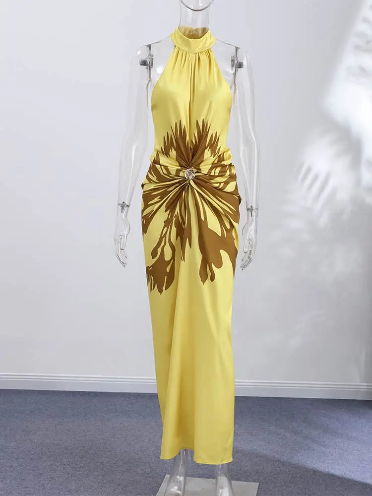 2026 Summer Printed Halter Maxi Dress Women Sleeveless Pleated Chic Satin Long Dresses Fashion Vacation Beach Party Lady Robe