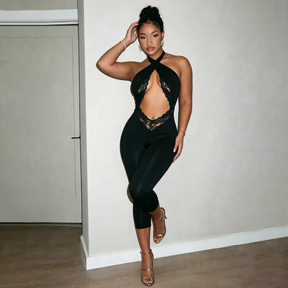 Sexy Lace Patchwork Bodycon Rompers Woman Jumpsuit Bandage Halter Sleeveless Backless Ruched Skinny Night Club Outfits Birthday