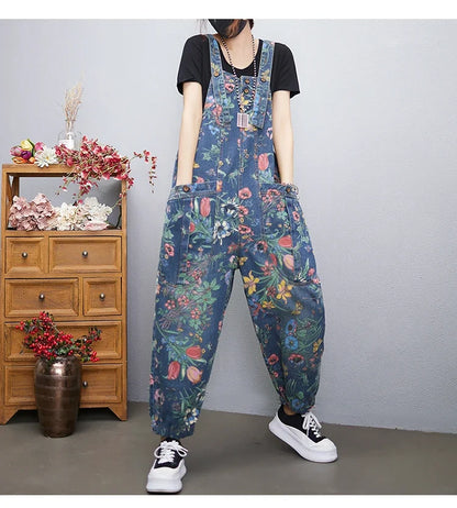 Casual Streetwear Print Floral Denim Jumpsuit Woman Loose Baggy Wide Leg Pants Rompers Big Size Pockets Straps Jeans Overalls