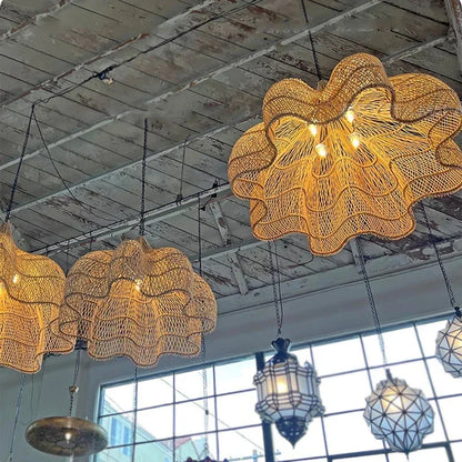 Japanese Style Wabi-sabi Retro Rattan Chandelier Creative Living Room Restaurant Box Pendants LIghts Hotel Living Room Lamps LED
