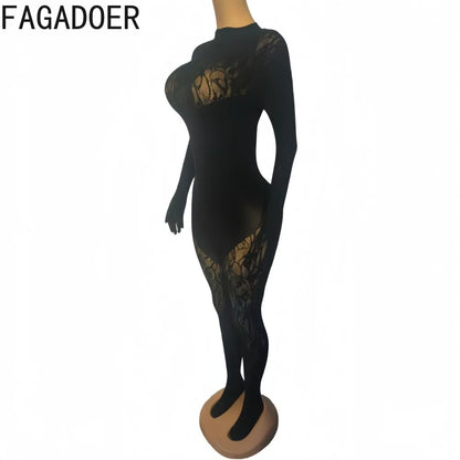 FAGADOER Sexy Knitted Patchwork Bodycon Jumpsuits Hot Girl Black See Through Hollow Out Romper Summer Night Party Club Playsuits