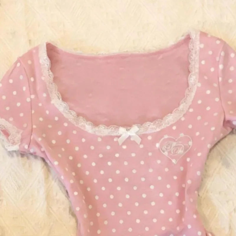 Matakawa Y2k Clothes T Shirt for Women Spring Summer Japanese Style Ropa De Mujer Polka Dot Vintage Sexy Short T-shirts