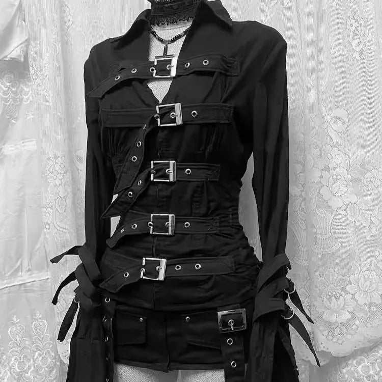 Dark Y2K subculture black shirt women's gothic high street metal buckle belt long sleeved slim fit top spicy girl Korean punk sh
