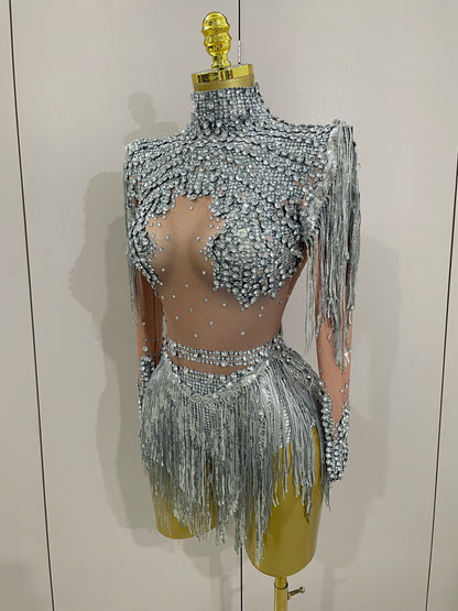 Sparkly Rhinestone Sequin Tassel Stretch Bodysuits 2025 New Arrival Women Birthday Party Nightclub Dj Stage Performance Costume