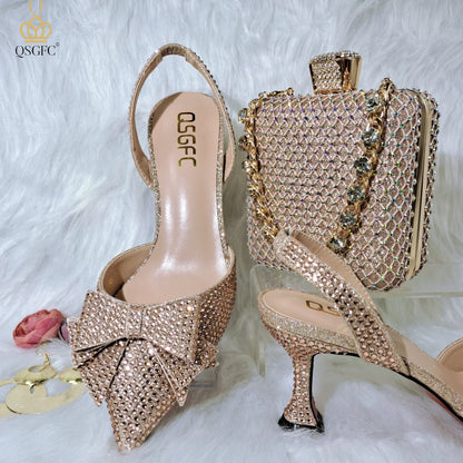 QSGFC Crystal Decoration Style Wine Glass Heel Shoes Friends Party Shoes Nigerian Fashion Peach Ladies Shoes And Bag For Party