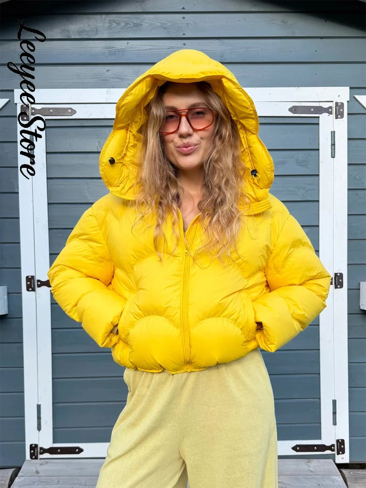 Women Long Sleeved Loose Wave Stitched Short Hooded Cotton Coat Zipper With Pocket Quilted Jacket 2026 Winter Casual Warm Coats