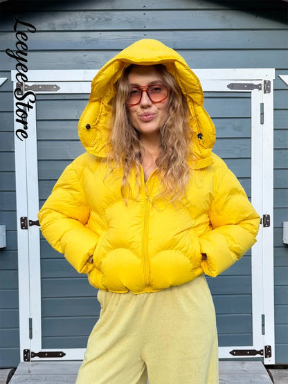 Women Long Sleeved Loose Wave Stitched Short Hooded Cotton Coat Zipper With Pocket Quilted Jacket 2026 Winter Casual Warm Coats