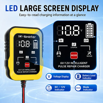 ZNLYRION 2Pcs /pair 6V 12V Smart Car Battery Charger 1.5A Pulse Repair Charger for Lead Acid LiFePO4 Battery Digital Display Auto Motorcycle Battery Maintainer with Alligator Clips Ring Terminal Cables