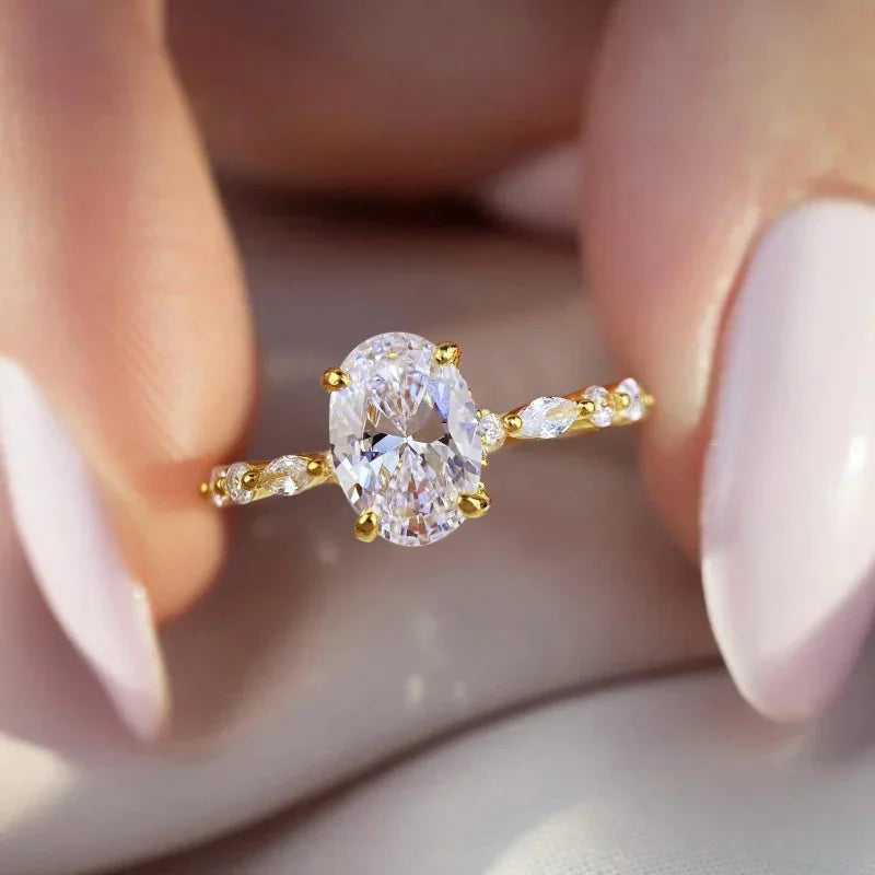 925 Sterling Silver Zircon Golden Oval Round Fashionable Ring For Women Engagement Wedding Luxury High Quality Fine Jewelry