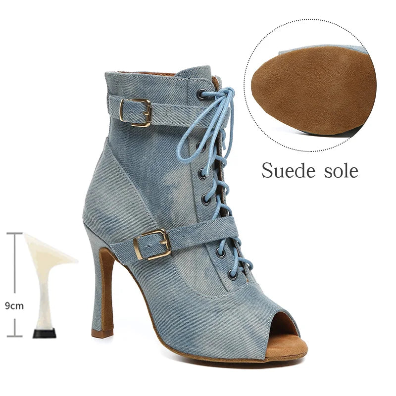 SWDZM New Ladies Dance Shoes Ballroom Dance Boots Denim Jazz Dance Shoes Girls Sexy Pole Dance Ballroom Dance Cowboy Boots