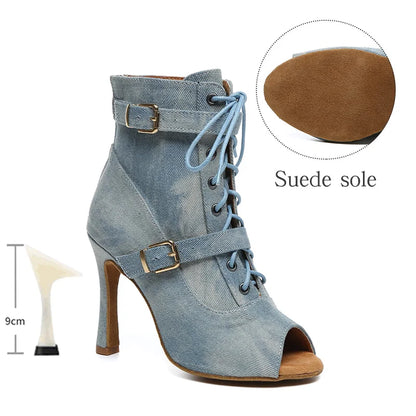 SWDZM New Ladies Dance Shoes Ballroom Dance Boots Denim Jazz Dance Shoes Girls Sexy Pole Dance Ballroom Dance Cowboy Boots