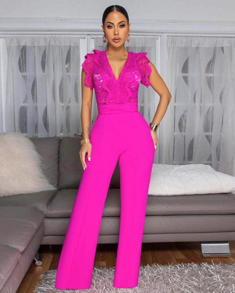 Women Outfits Elegant Luxury One Piece V Neck Romper Bandage High Waist Sexy See-Through Lace Patchwork Sleeveless Jumpsuits
