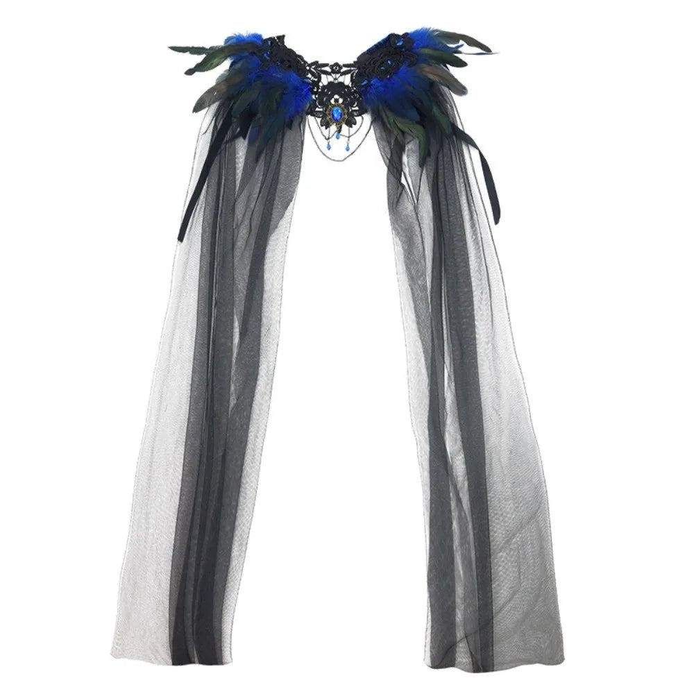 Black Halloween Feather Cloak Elegant Mesh Fringe Hollow Lace Mesh Cape Fur Collar Flowing Festival Costume Cape Gothic Carnival