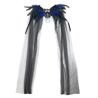 Black Halloween Feather Cloak Elegant Mesh Fringe Hollow Lace Mesh Cape Fur Collar Flowing Festival Costume Cape Gothic Carnival