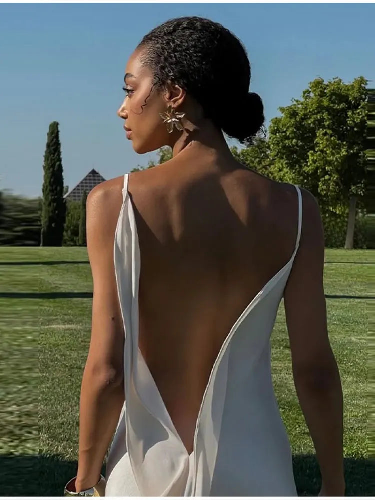 Luxury White Satin Backless Veatido Women Sexy Spaghetti Strap V-neck High Split Midi Dress Vacation Evening Party Beach Outfits