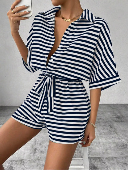 Women One Piece Short Sleeve Striped Overalls Shorts Pants Elastic Waist Turn Down Collar Rompers