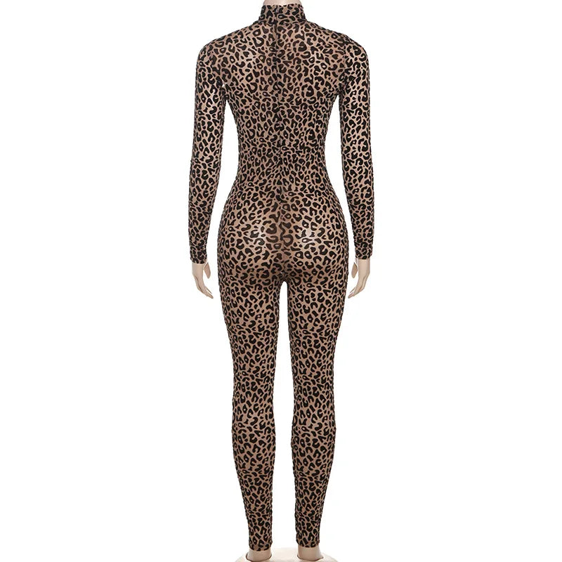 Shestyle Velvet Leopard Sexy Jumpsuits Women Turtleneck Nude Bodycon Mesh Transparent Zipper Fly Slim Fitness Playsuit Clothes