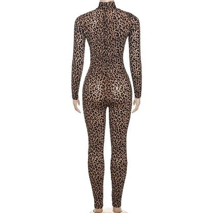 Shestyle Velvet Leopard Sexy Jumpsuits Women Turtleneck Nude Bodycon Mesh Transparent Zipper Fly Slim Fitness Playsuit Clothes