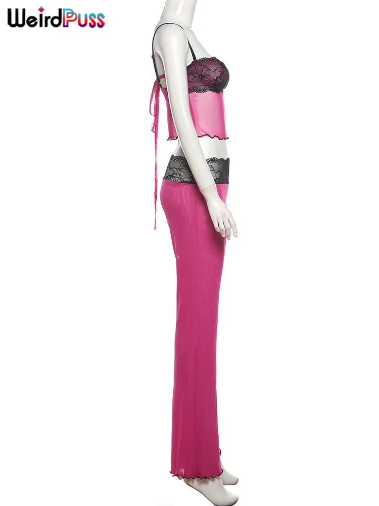 Weird Puss Patchwork Lace 2piece Sets Woman Summer Sexy Fungus Trim Spaghetti-Strap Tops+Chic Tierred Pants Party Skinny Outfits