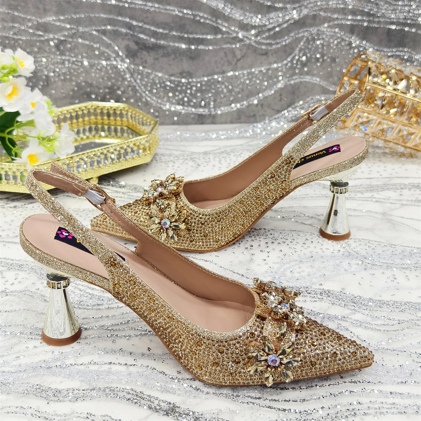 Venus Chan Olive-Green Pointed-Toe Women's High Heels Shoes and Bags for Party Rhinestone Evening Elegant Luxury Handbag
