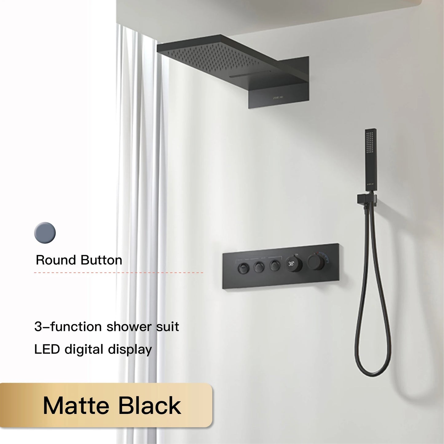 Luxury Black Brass Shower System Wall-Mounted LED Digital Display Design Cold & Hot Dual-Control 4-Function Ceiling Shower Tap