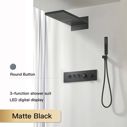 Luxury Black Brass Shower System Wall-Mounted LED Digital Display Design Cold & Hot Dual-Control 4-Function Ceiling Shower Tap