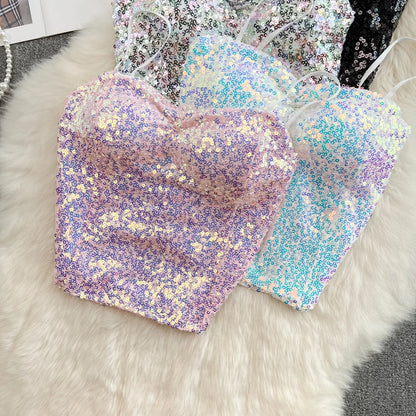 Sexy Sequin Party spaghetti Croset Bustier backless Slim Tanks and Camis Strap Glitter Crop Top Fashion Summer Women Clothes Y2k