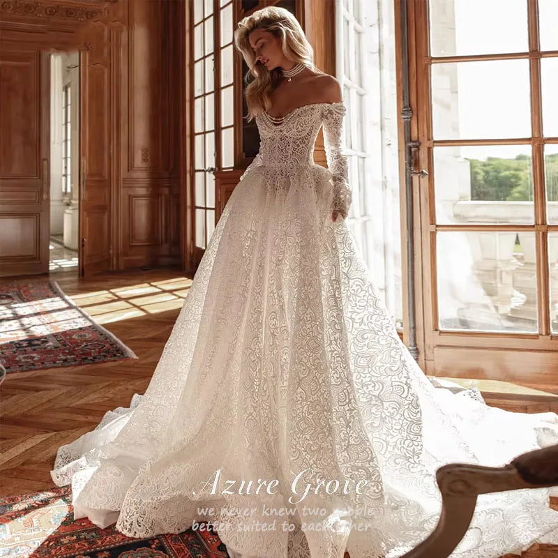Azure Grove Customized Sweetheart Long Sleeve Pearls A Line Wedding Dresses Illusion Pearls Court Train Vintage Bridal Gown