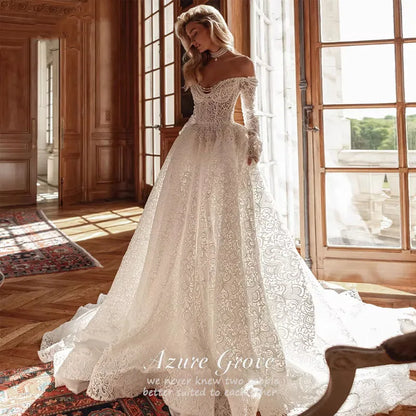Azure Grove Customized Sweetheart Long Sleeve Pearls A Line Wedding Dresses Illusion Pearls Court Train Vintage Bridal Gown