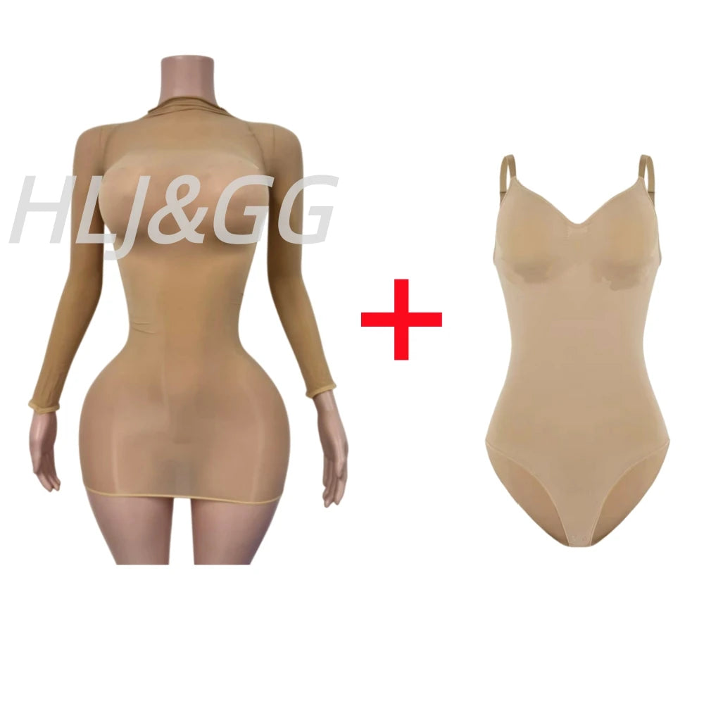 HLJ&GG Sexy Mesh See Through Bodycon Jumpsuits And Bodysuits Suits Women Long Sleeve Stretchy Playsuits Party Night Club Overall