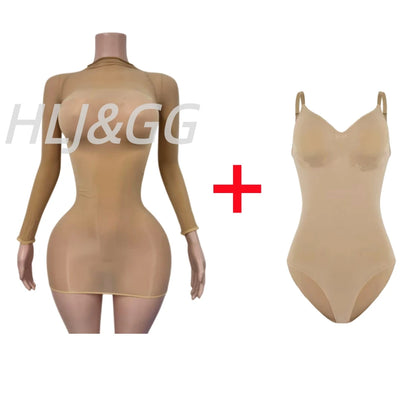 HLJ&GG Sexy Mesh See Through Bodycon Jumpsuits And Bodysuits Suits Women Long Sleeve Stretchy Playsuits Party Night Club Overall