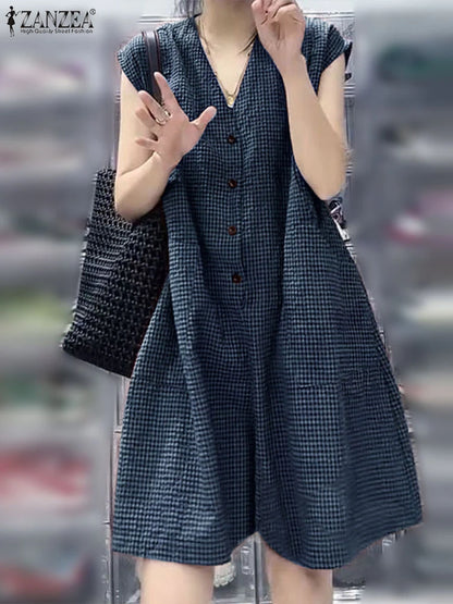2025 ZANZEA Fashion Women Wide Leg Jumpsuits Summer Plaid Checked Overalls Pants Casual V Neck Sleeveless Work Rompers Oversize