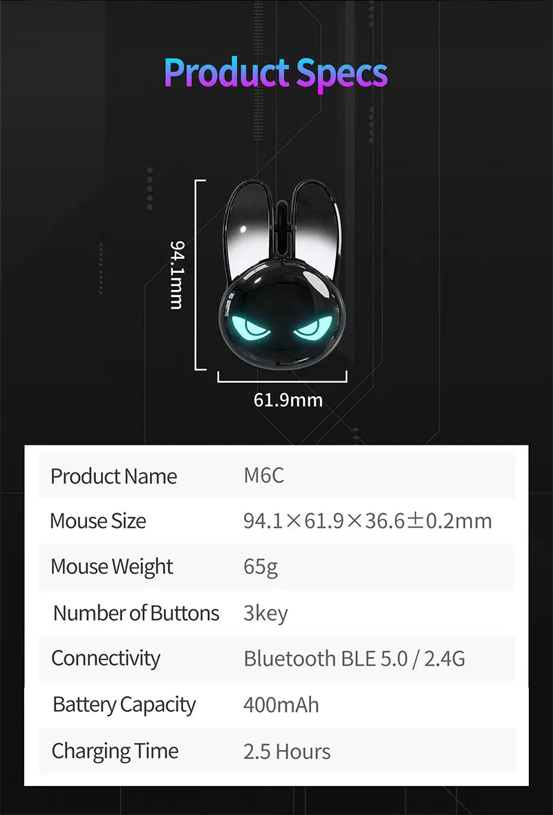 MOFII M6C Evil Rabbit Dual-mode Mouse, Black Cool Rabbit Shape, RGB Ambient Light, Silent Rechargeable, Multi-device Compatible