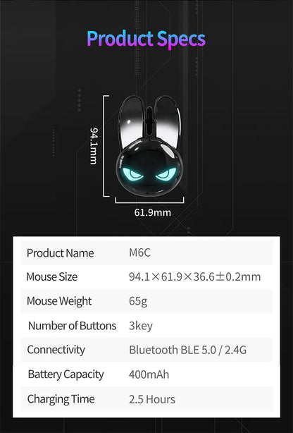 MOFII M6C Evil Rabbit Dual-mode Mouse, Black Cool Rabbit Shape, RGB Ambient Light, Silent Rechargeable, Multi-device Compatible