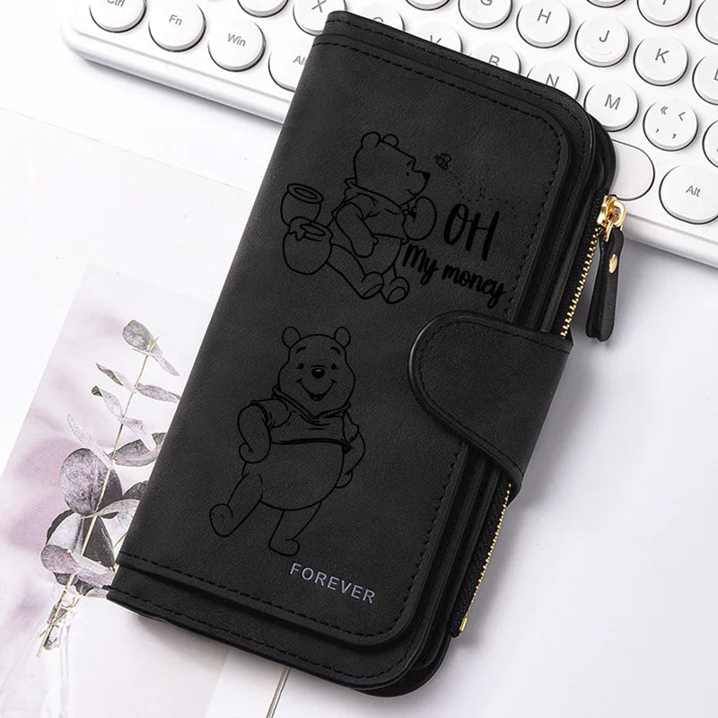 Winnie the Pooh Long Zip Wallet Multi-Card Cute Cartoon Pattern Soft Texture Wallet for Women Large Capacity Lady Clutch Bag