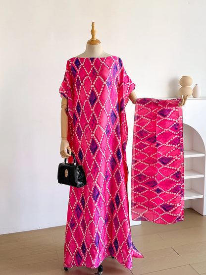 New Fashion Summer Dress With Big Scarf Dubai Turkey Kaftan Muslim Loose Abaya Women African Casual Flower Shawl Robe Moomoo