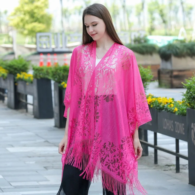 Women Sun Protection Shawl Lady Summer Hollow Out Lace Cardigan Holiday Bikini Blouse Breathable Beach Cape Sexy Long Tippet
