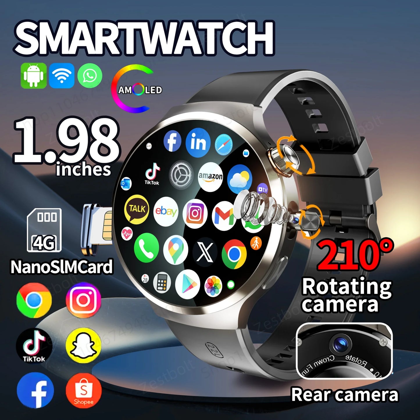 1.98-inch Amoled large Screen Smartwatch Android 13.0 Smart Watch Men With 210° Rotating Camera GPS Position WIFI Sim Card Slot