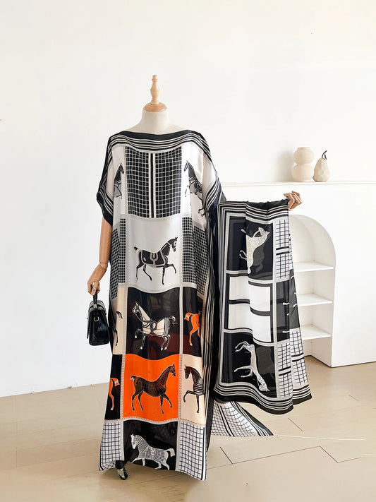 Elegant Printed Silk African Shawl Summer Fashion Long Hijab Kaftan Dress Oversize Muslim Lady Kuwait Abaya Scarf for Women