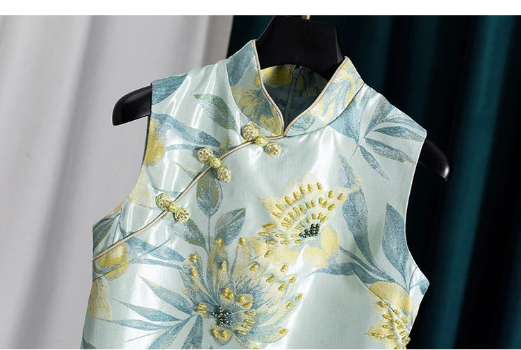 Women Chinese Style Cheongsam Jacquard Beaded Dress Sleeveless Tank Dress Elegant Vintage Party Dress Ladies