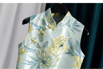 Women Chinese Style Cheongsam Jacquard Beaded Dress Sleeveless Tank Dress Elegant Vintage Party Dress Ladies