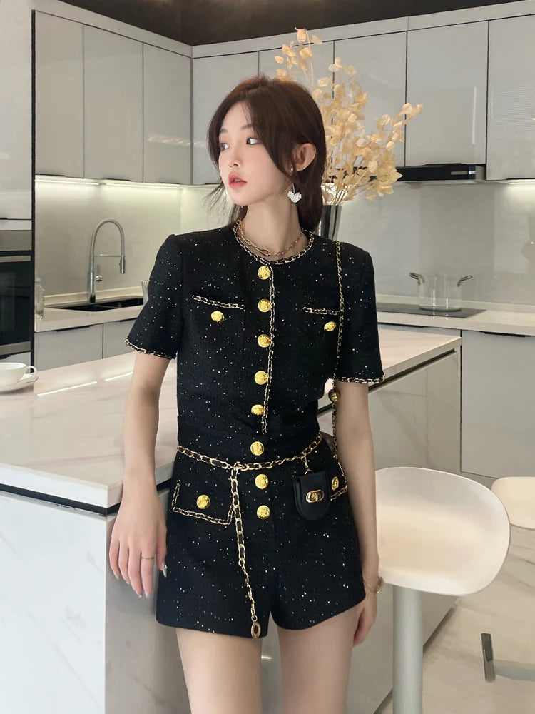 French Style Women Short Sleeve One Piece Tweed Playsuit O Neck Single Breasted Elegant Ladies Slim Fit Jumpsuit Casual Rompers